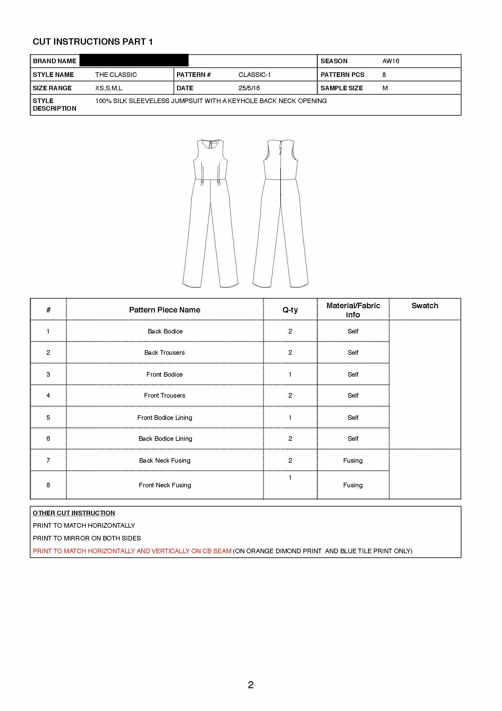 Pattern Spec or Cutting Sheet - Tech pack